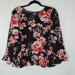 BB Dakota Floral Peplum Blouse Small Black Pink Romantic Boho Flutter Hem Sleeve